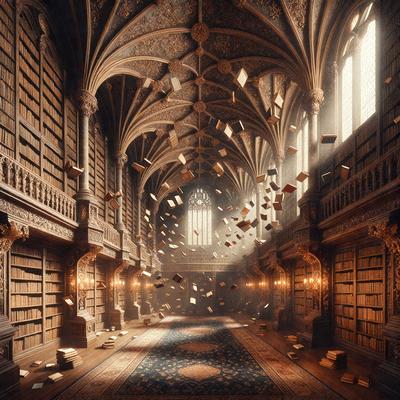 The primary subject of the image is a large library filled with books. The setting is a grand, ornate room with high ceilings and a vaulted ceiling. The visual style is a combination of photo and digital art, creating a surreal and dreamlike atmosphere. The colors are predominantly dark, with the books and the room's decorations providing the main source of light. The overall mood is one of mystery and intrigue, as the books seem to be flying through the air, adding a sense of magic